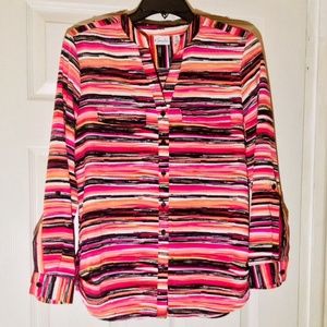 💖 5/$25 💖 Kim Rogers neon pink, orange, black & white stripe tunic